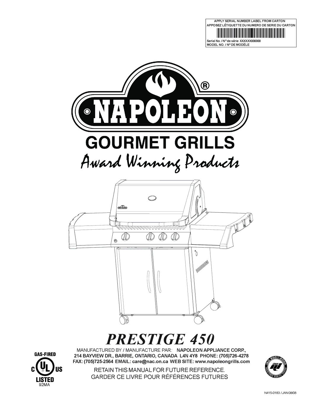 Napoleon Grills N415-0183 manual Prestige 