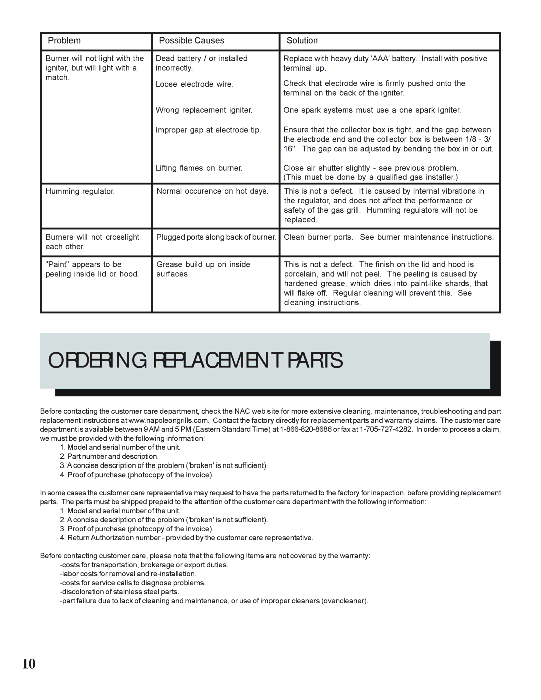 Napoleon Grills N415-0183 manual Ordering Replacement Parts 