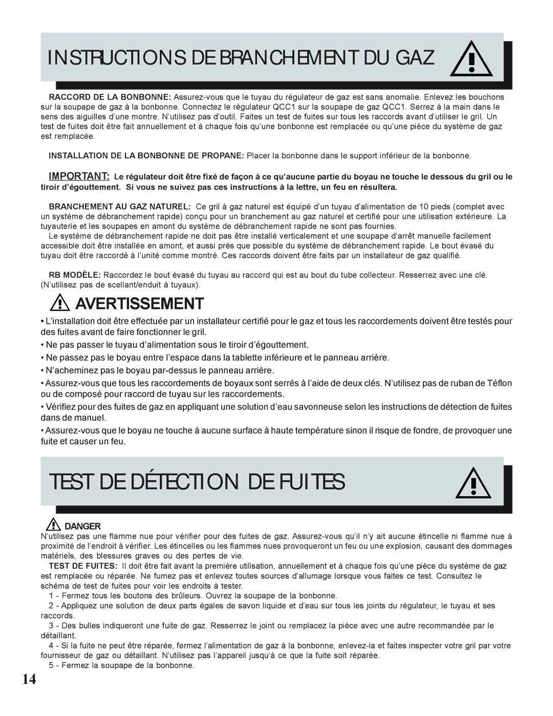 Napoleon Grills N415-0183 manual Test DE Détection DE Fuites, Instructions DE Branchement DU GAZ 