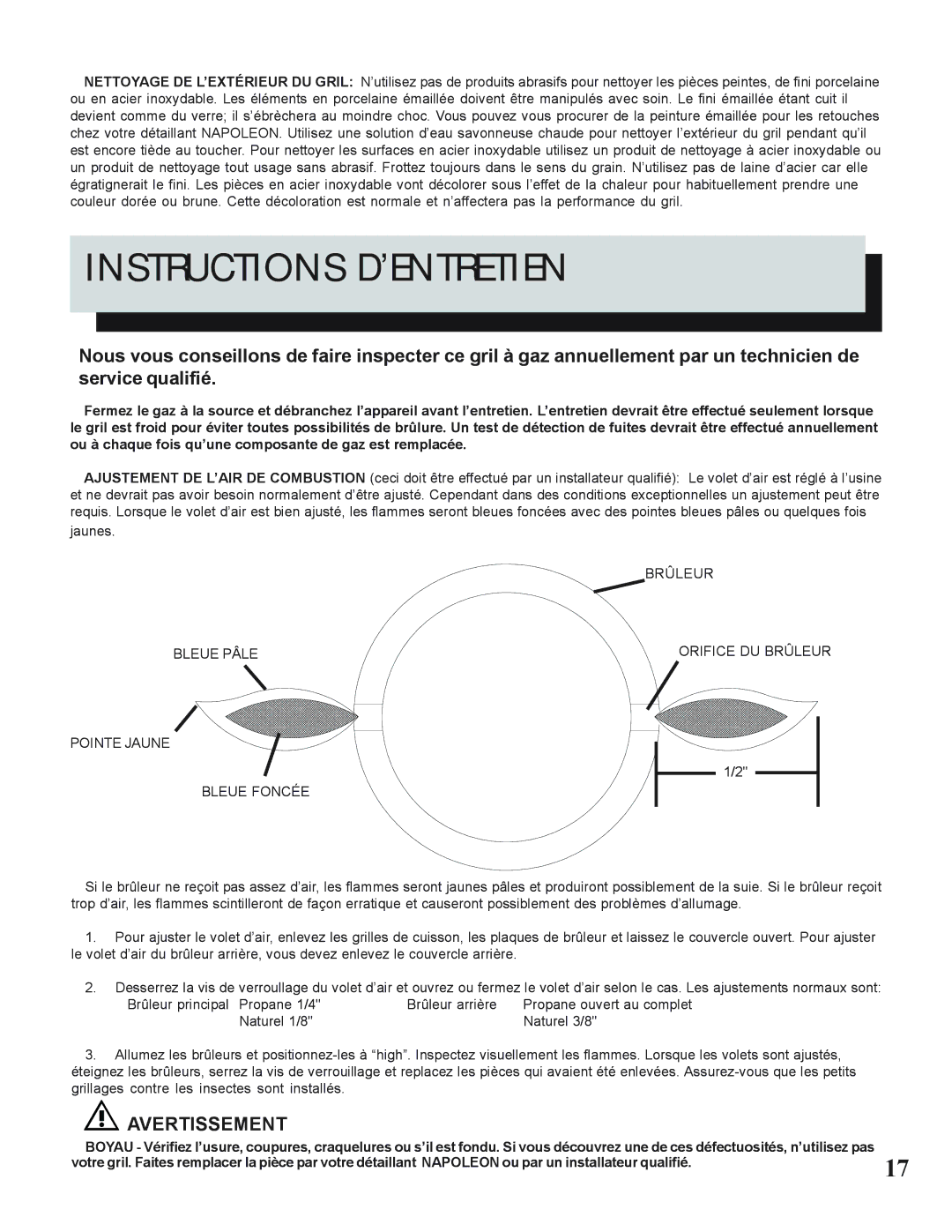 Napoleon Grills N415-0183 manual Instructions D’ENTRETIEN, Avertissement 