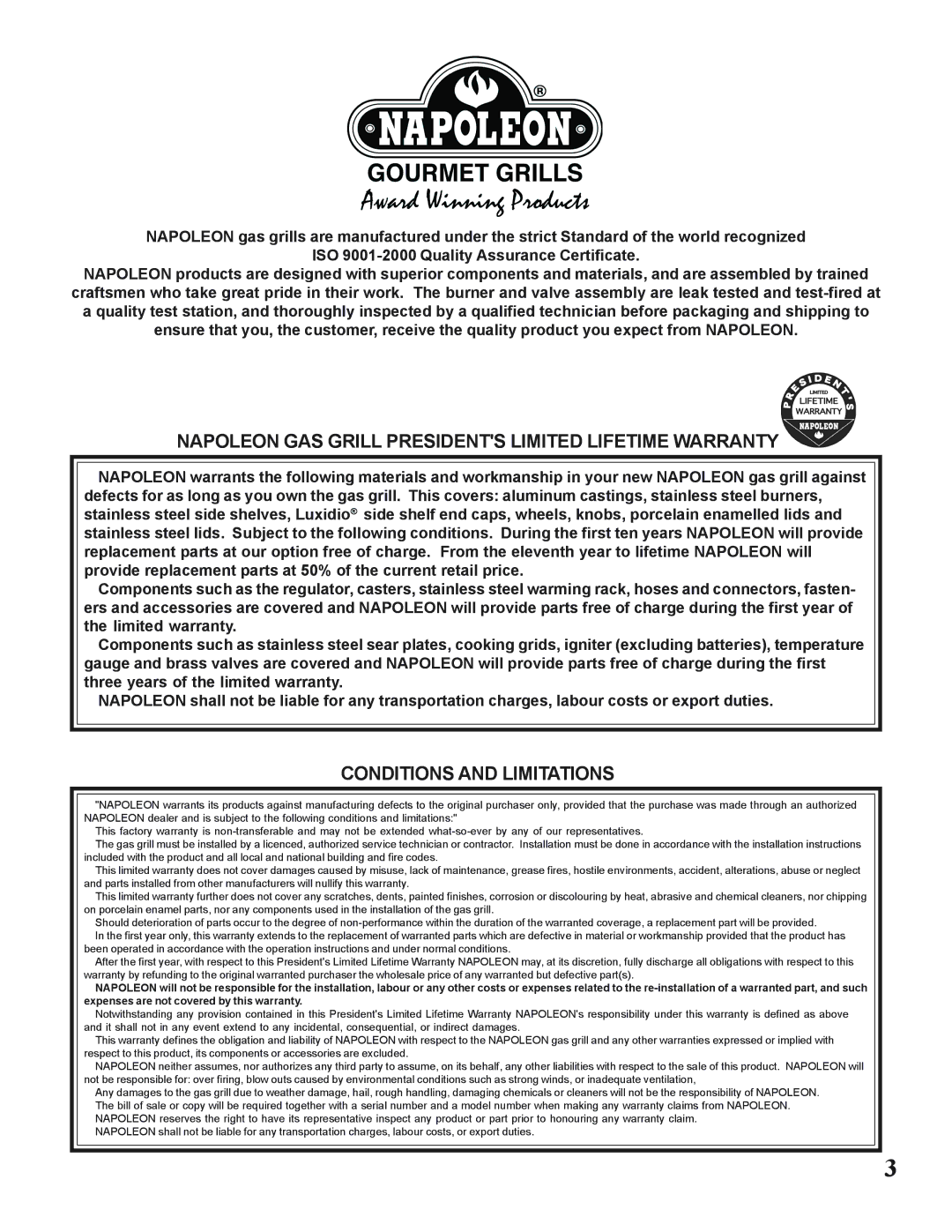 Napoleon Grills N415-0183 manual Napoleon GAS Grill Presidents Limited Lifetime Warranty, Conditions and Limitations 