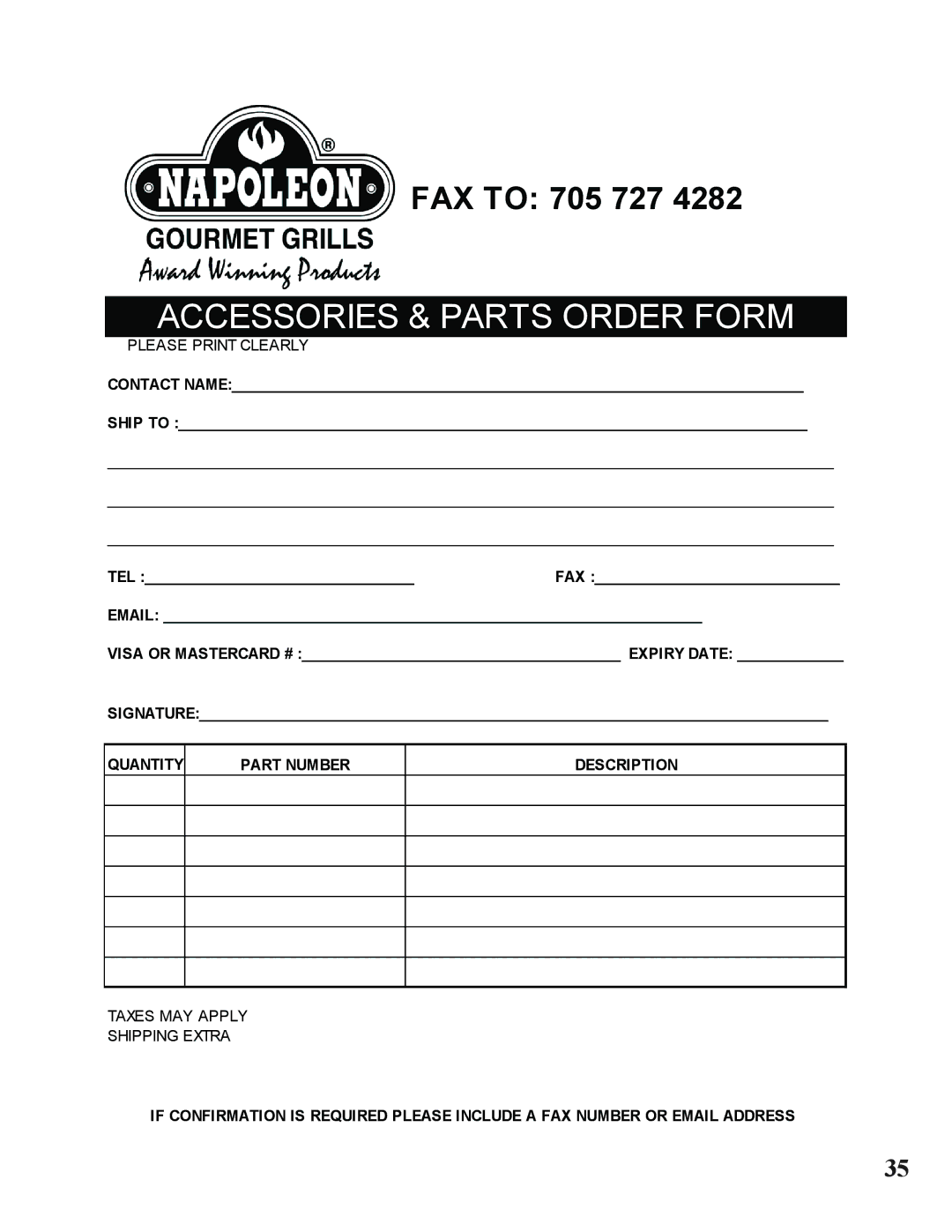 Napoleon Grills N415-0183 manual Accessories & Parts Order Form 