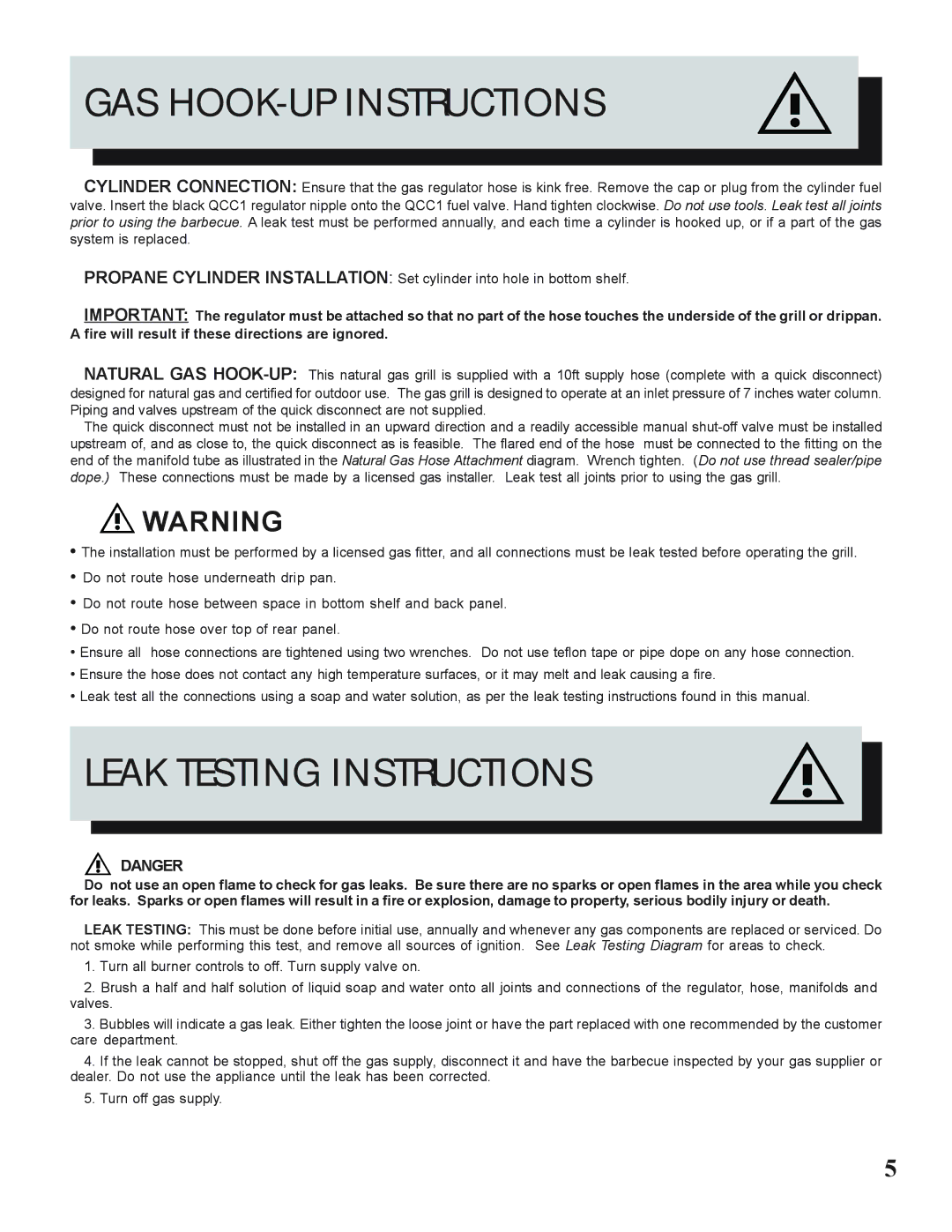 Napoleon Grills N415-0183 manual GAS HOOK-UP Instructions, Leak Testing Instructions 