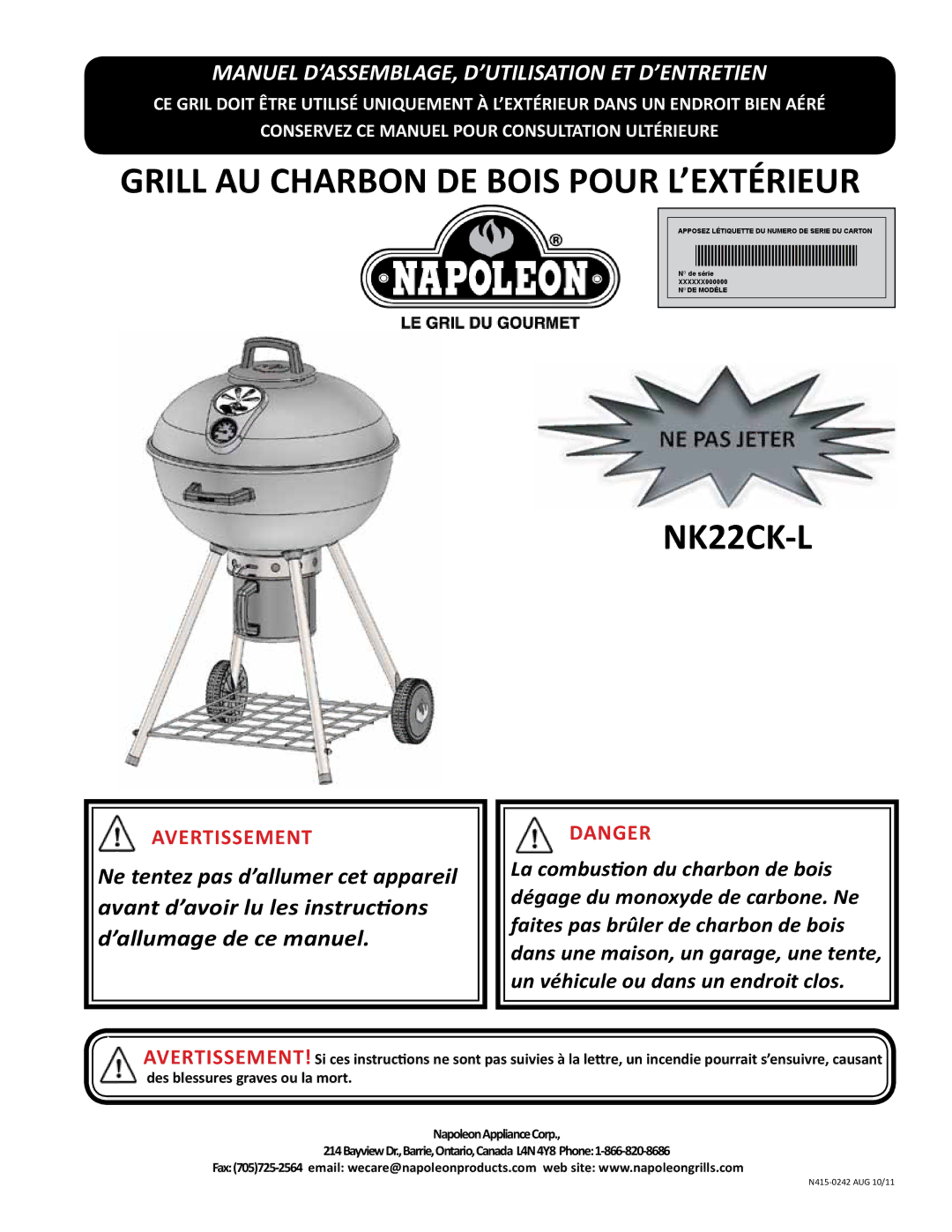 Napoleon Grills NK22CK-L manual Grill AU Charbon DE Bois Pour L’EXTÉRIEUR 