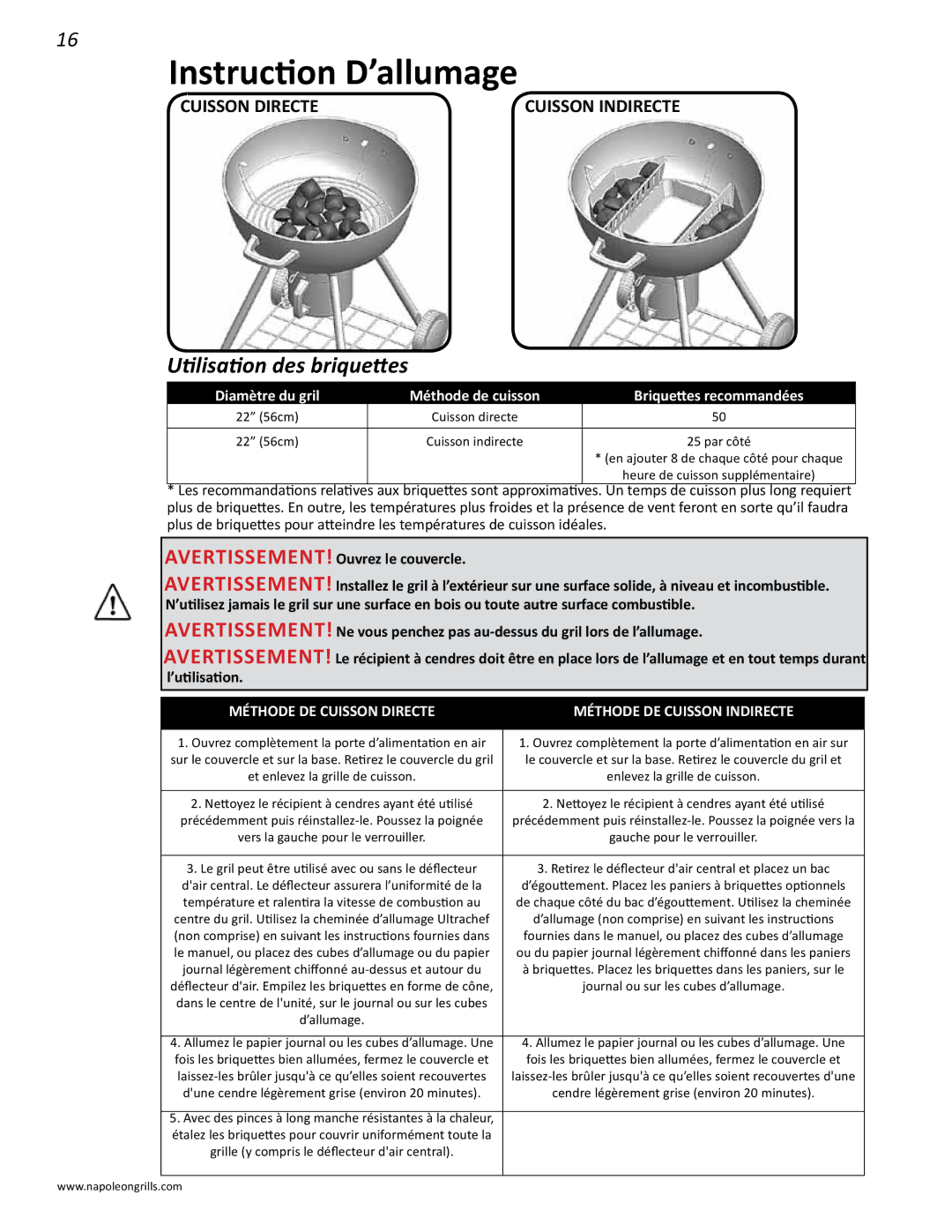 Napoleon Grills NK22CK-L manual Instruction D’allumage, Utilisation des briquettes 