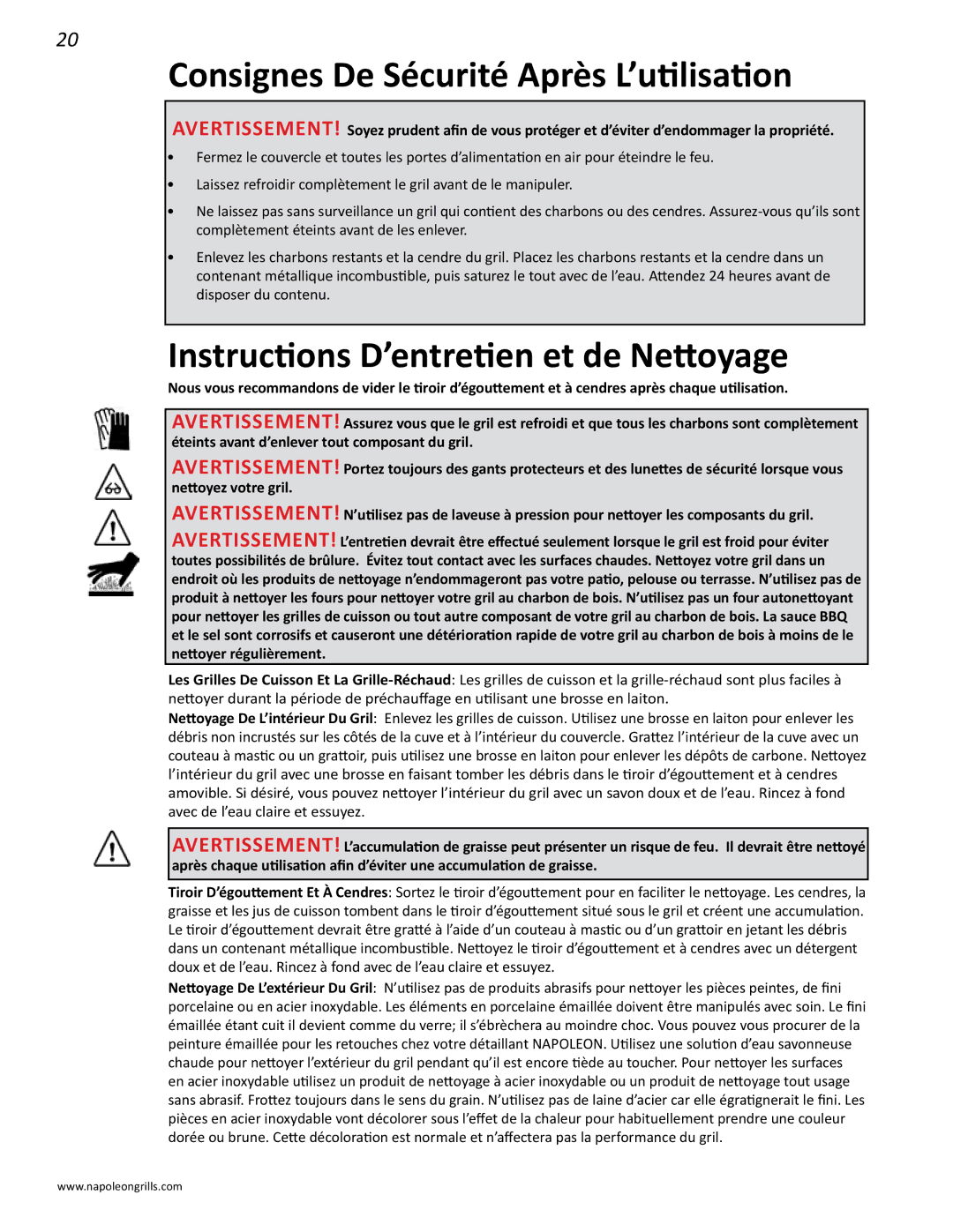 Napoleon Grills NK22CK-L manual Consignes De Sécurité Après L’utilisation, Instructions D’entretien et de Nettoyage 