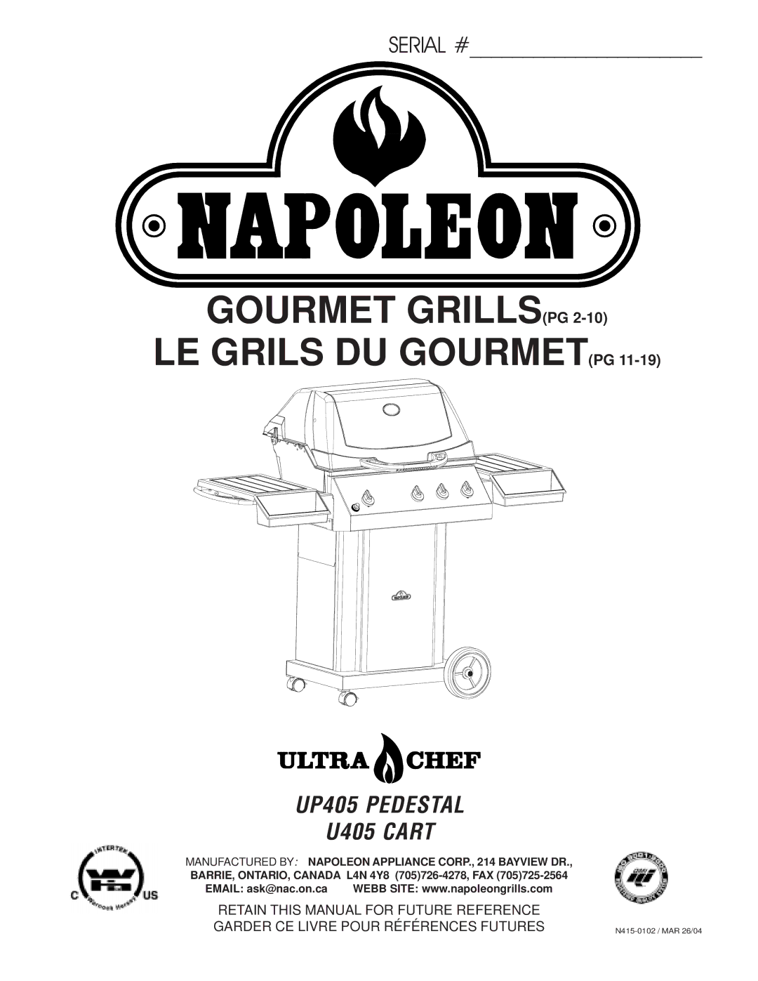 Napoleon Grills U405 CART, P405 PEDESTAL manual Gourmet Grillspg LE Grils DU Gourmetpg 