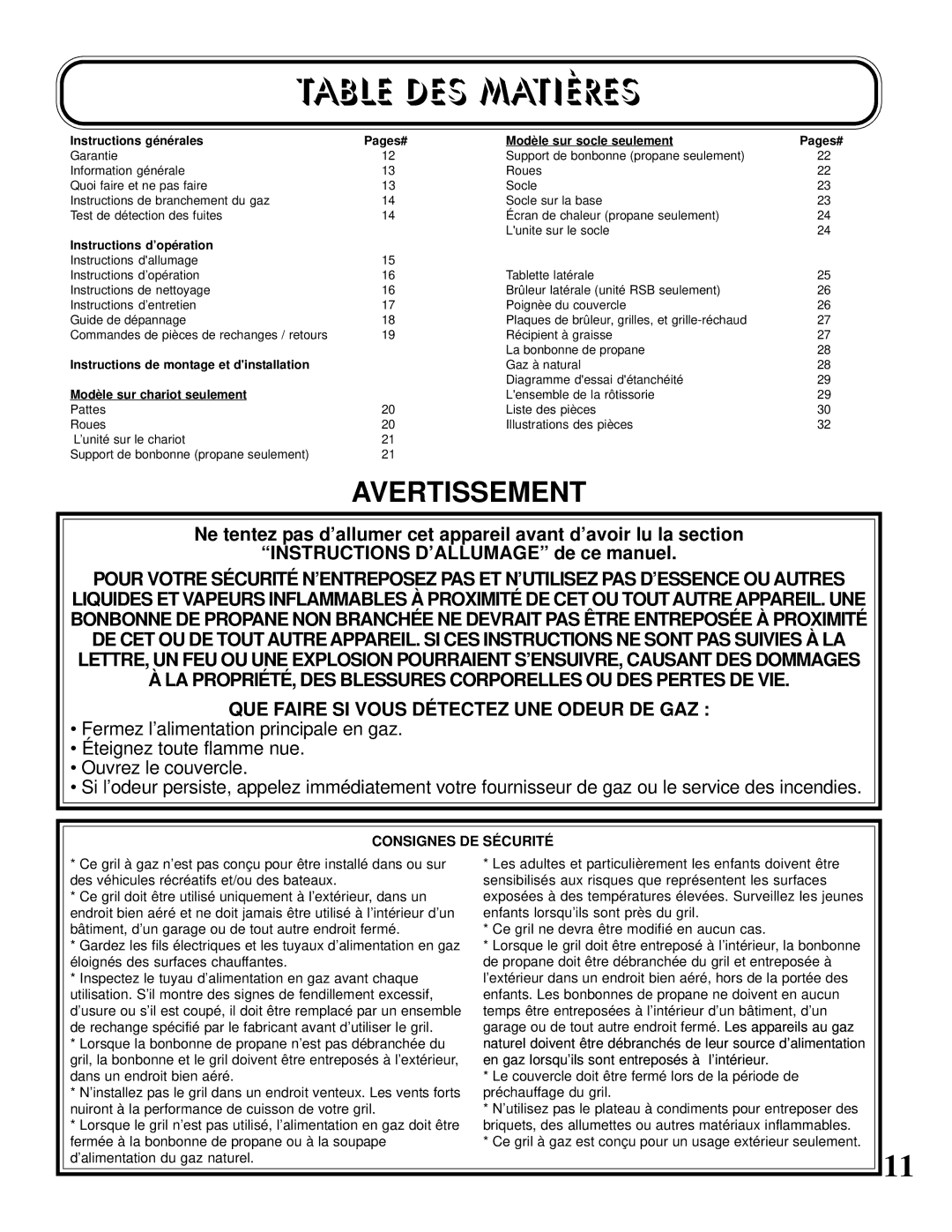 Napoleon Grills U405 CART, P405 PEDESTAL manual Table DES Matières, Instructions générales Pages# Modèle sur socle seulement 