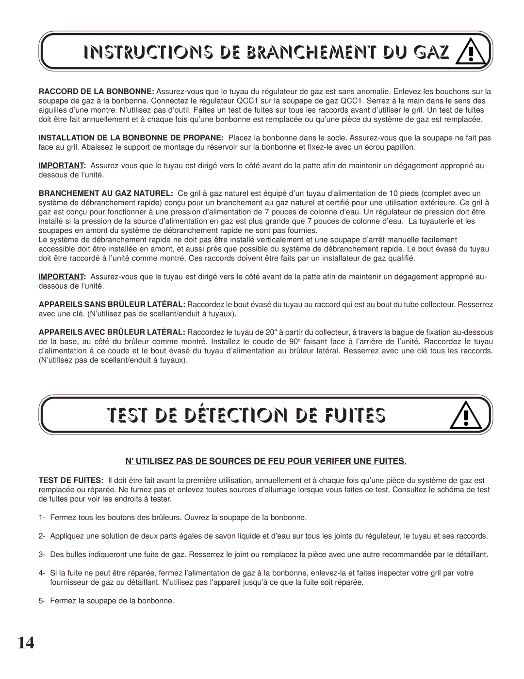 Napoleon Grills P405 PEDESTAL, U405 CART manual Test DE Détection DE Fuites, Instructions DE Branchement DU GAZ 