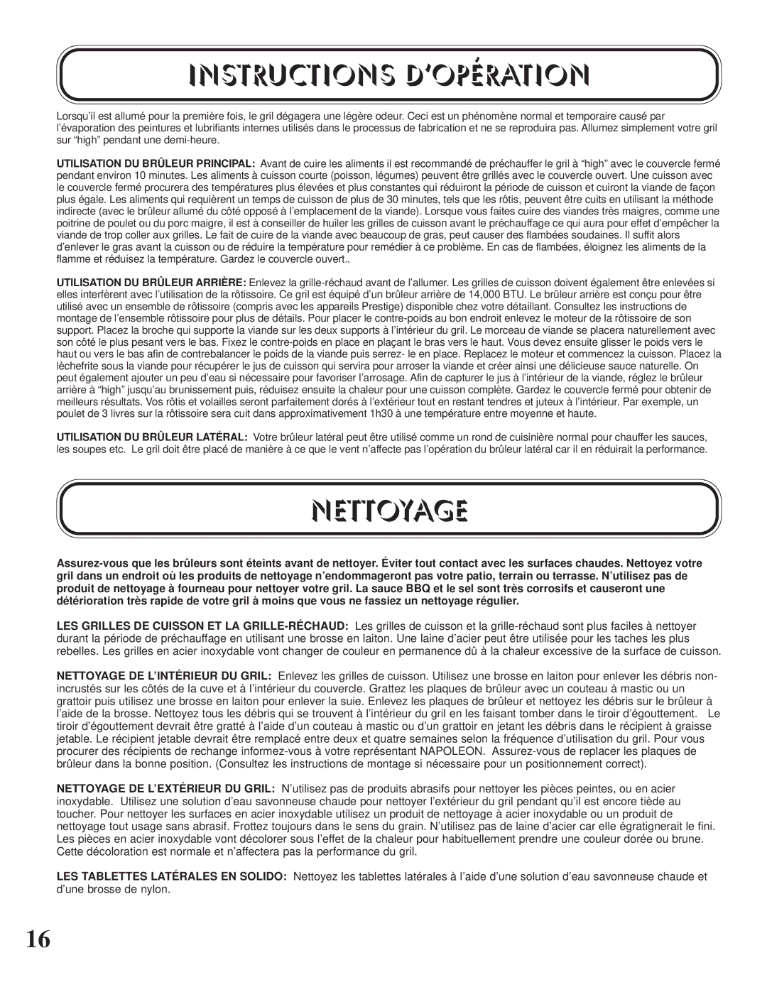 Napoleon Grills P405 PEDESTAL, U405 CART manual Instructions D’OPÉRATION, Nettoyage 