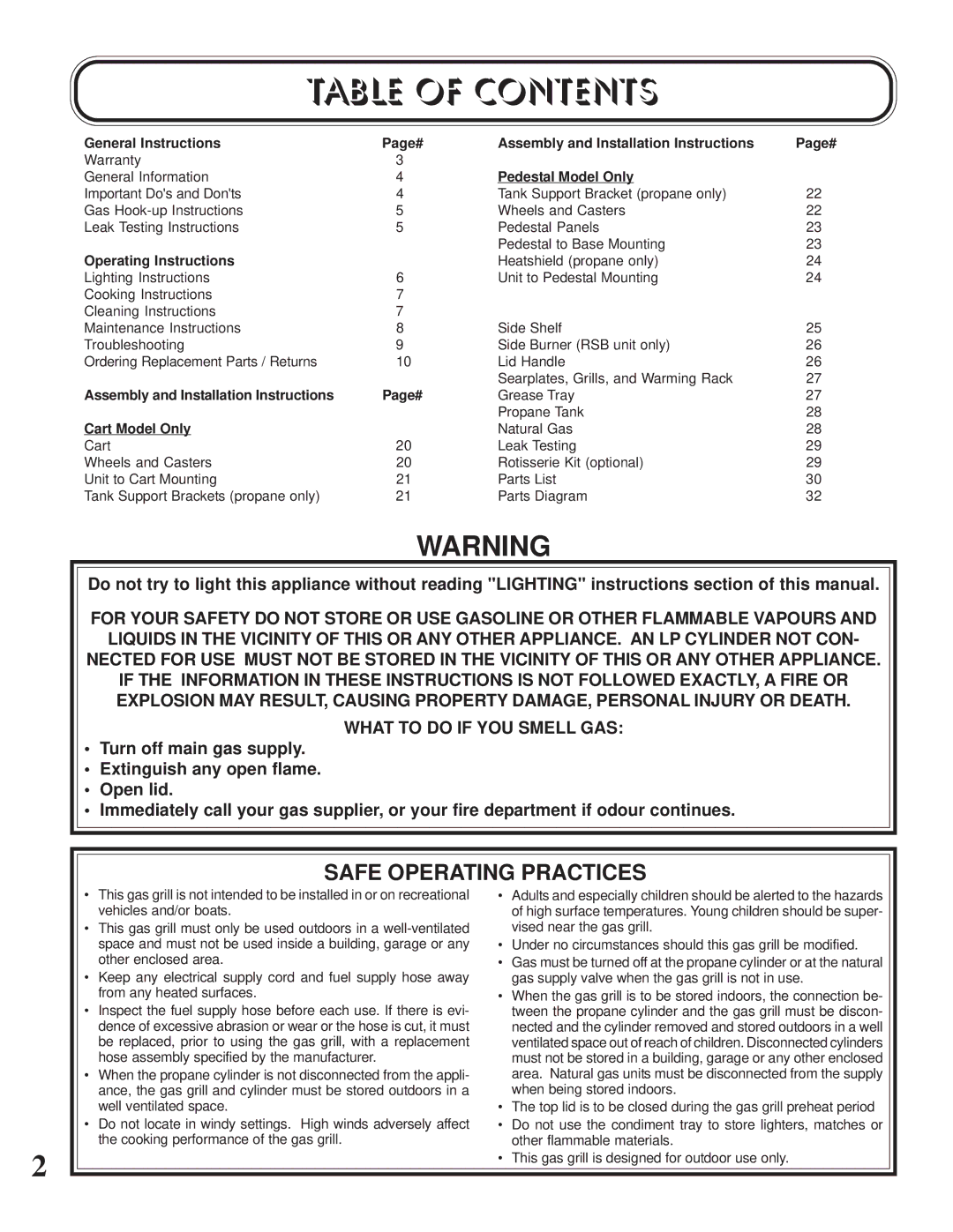 Napoleon Grills P405 PEDESTAL, U405 CART manual Table of Contents 