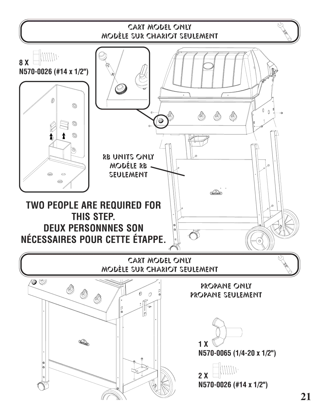 Napoleon Grills U405 CART, P405 PEDESTAL manual N570-0065 1/4-20 x 1/2 N570-0026 #14 x 1/2 