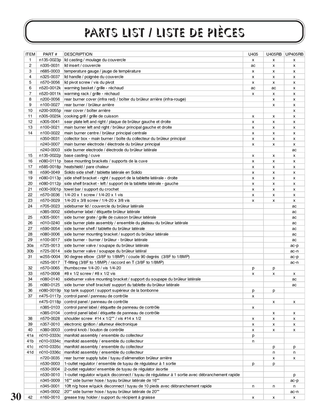 Napoleon Grills P405 PEDESTAL, U405 CART manual Parts List / Liste DE Pièces, UP405RB 