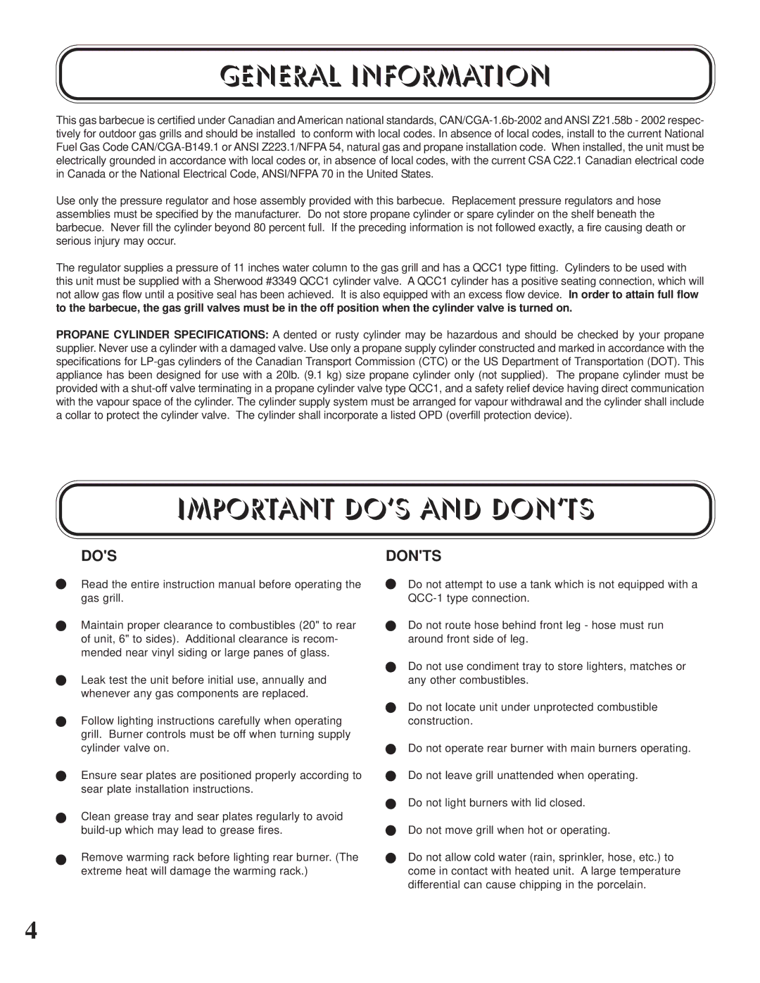 Napoleon Grills P405 PEDESTAL, U405 CART manual General Information, Important DOS and Donts 