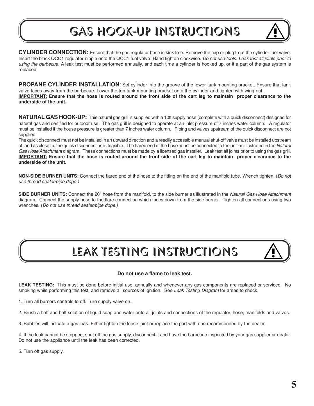 Napoleon Grills U405 CART, P405 PEDESTAL manual GAS HOOK-UP Instructions, Leak Testing Instructions 