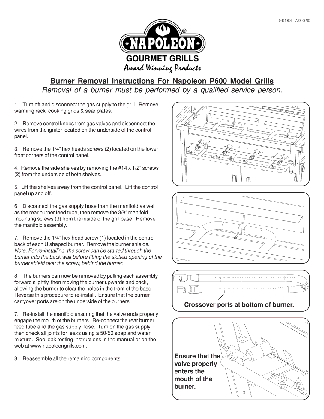 Napoleon Grills manual Burner Removal Instructions For Napoleon P600 Model Grills 