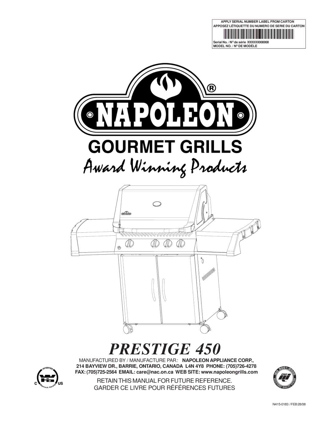 Napoleon Grills Prestige 450 manual 