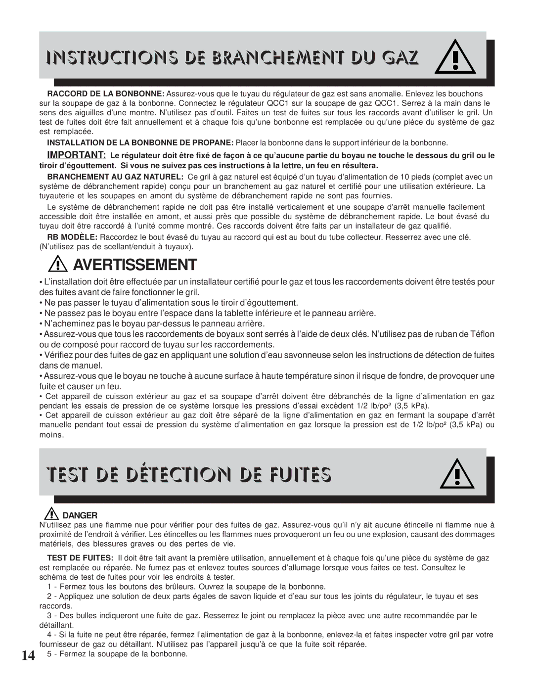 Napoleon Grills Prestige 450 manual Test DE Détection DE Fuites, Instructions DE Branchement DU GAZ 