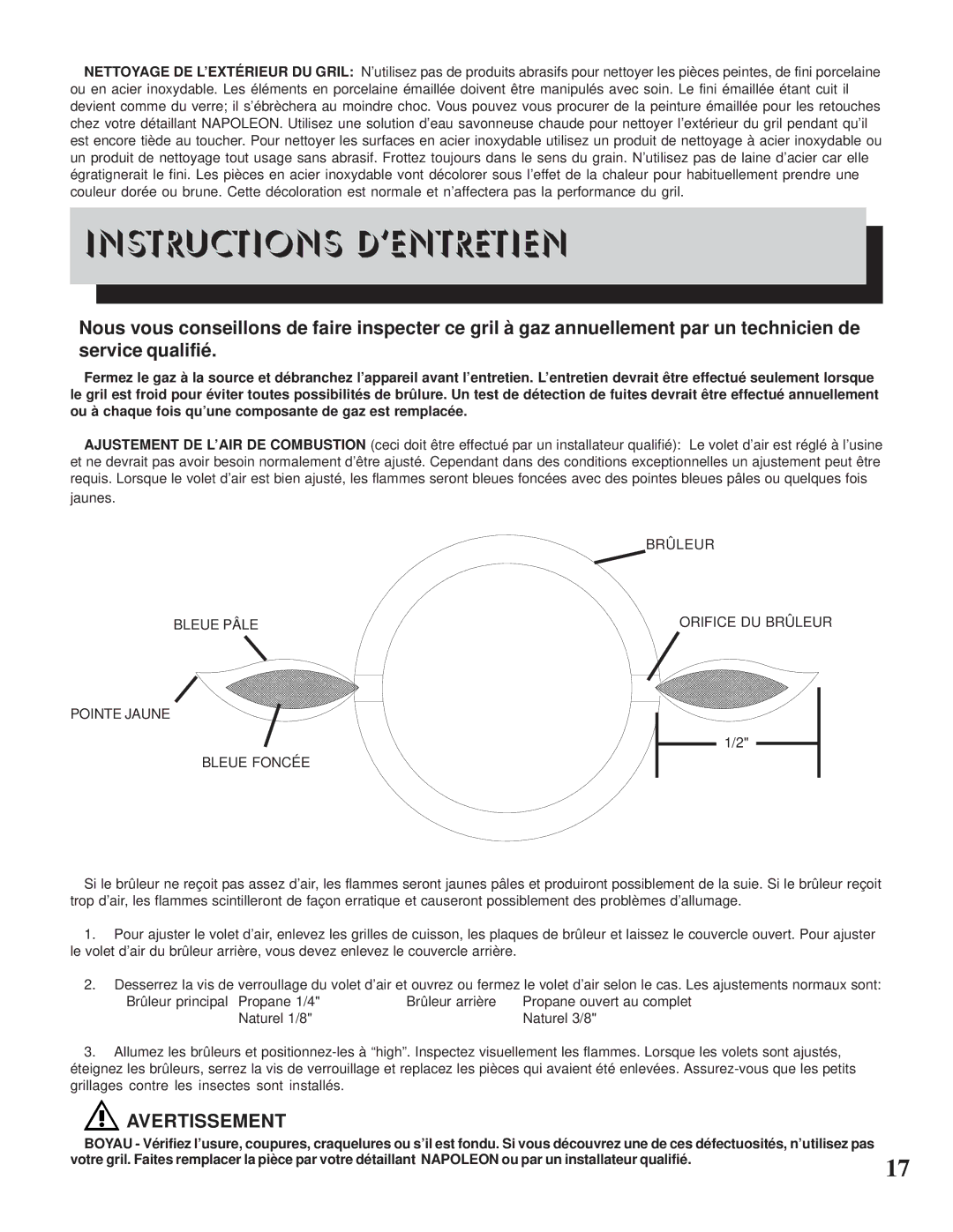 Napoleon Grills Prestige 450 manual Instructions D’ENTRETIEN, Avertissement 
