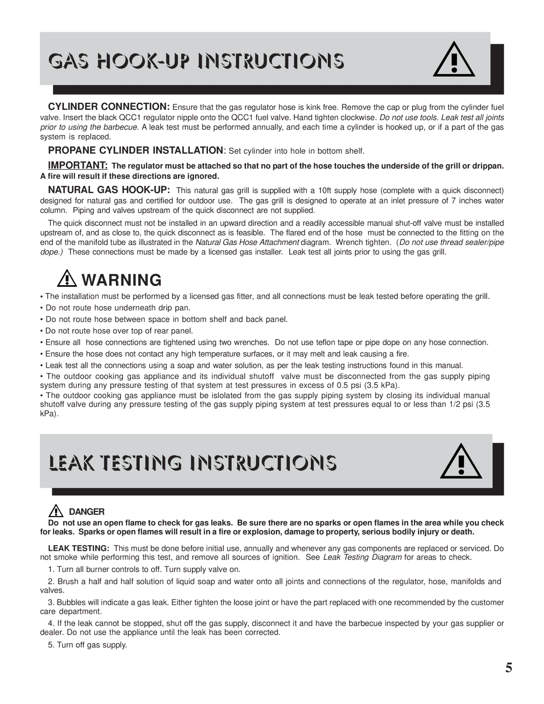 Napoleon Grills Prestige 450 manual GAS HOOK-UP Instructions, Leak Testing Instructions 