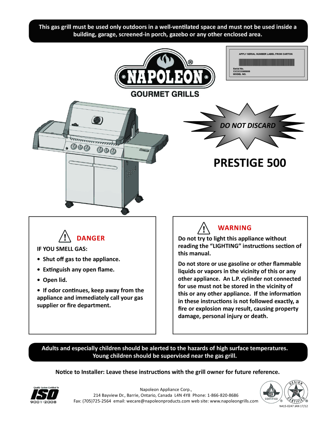 Napoleon Grills PRESTIGE 500 manual Prestige 