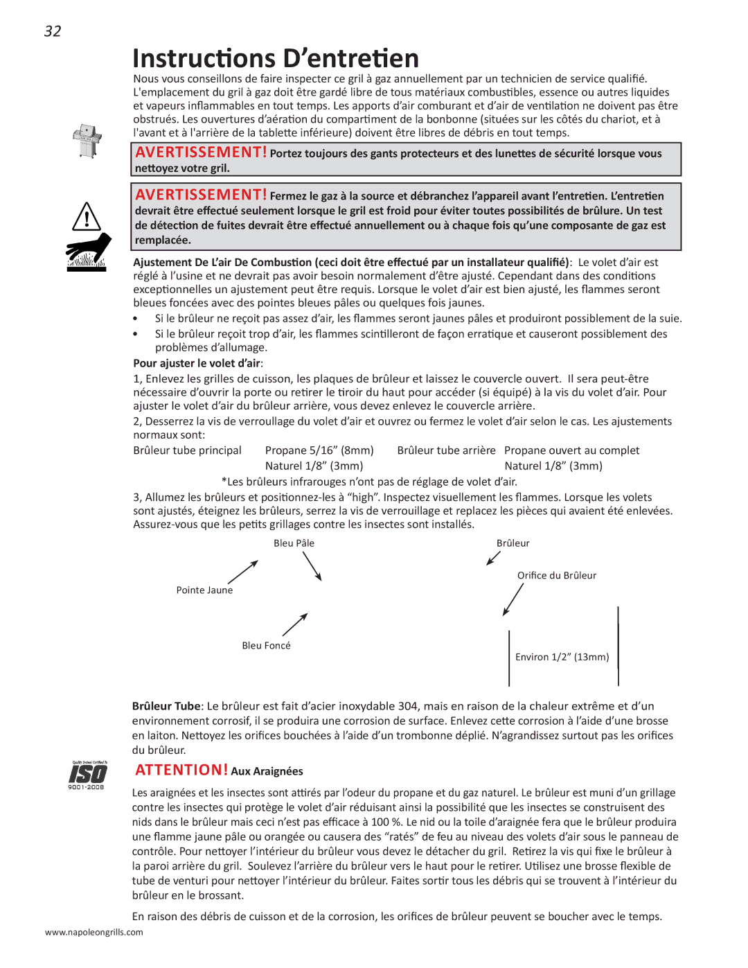 Napoleon Grills PRESTIGE 500 manual Instructions D’entretien, Pour ajuster le volet d’air 