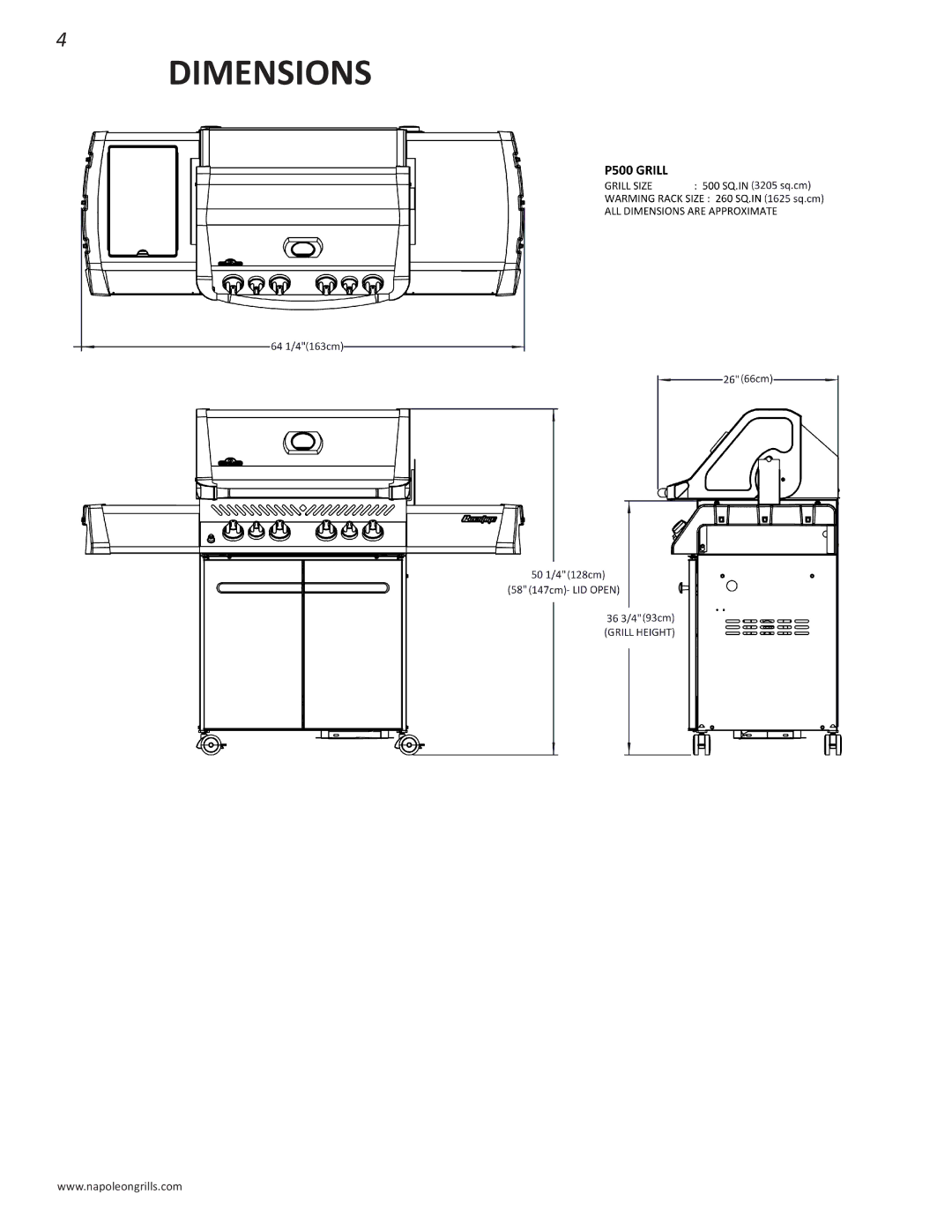 Napoleon Grills PRESTIGE 500 manual Dimensions 