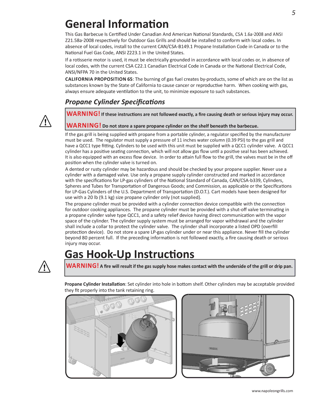 Napoleon Grills PRESTIGE 500 manual General Information, Gas Hook-Up Instructions, Propane Cylinder Specifications 