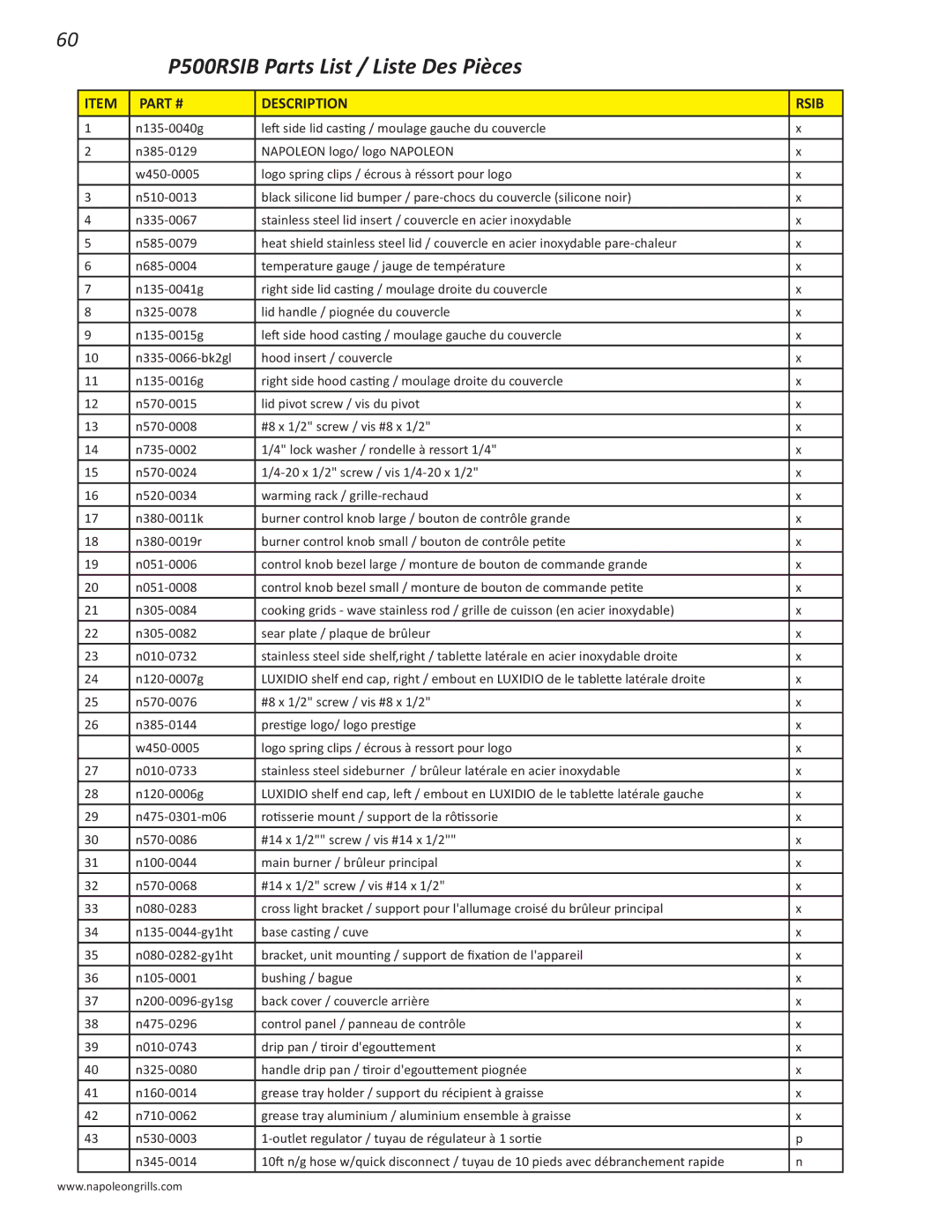 Napoleon Grills PRESTIGE 500 manual P500RSIB Parts List / Liste Des Pièces, Description Rsib 