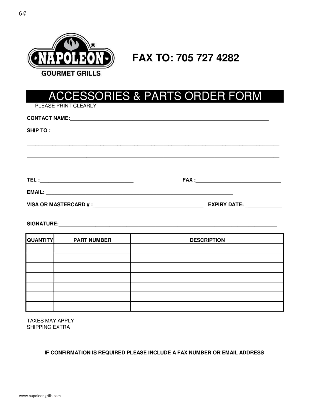 Napoleon Grills PRESTIGE 500 manual Accessories & Parts Order Form 