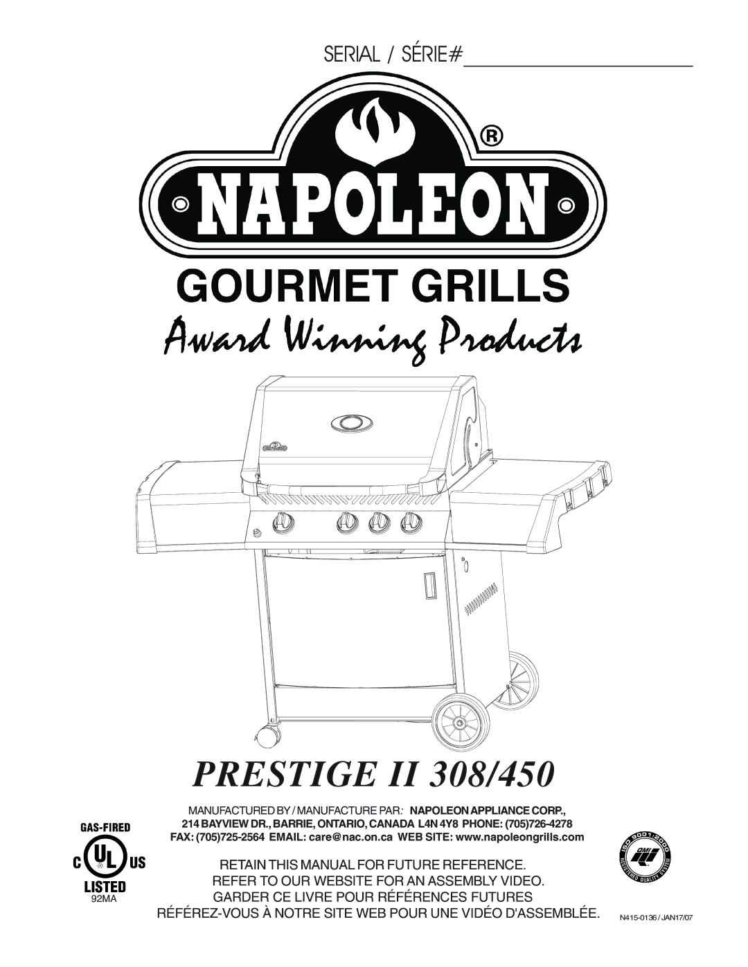 Napoleon Grills PRESTIGE II 308 manual Prestige II 308/450 