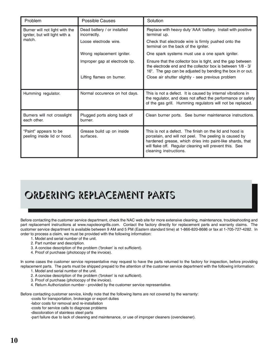 Napoleon Grills PRESTIGE II 308, 450 manual Ordering Replacement Parts 