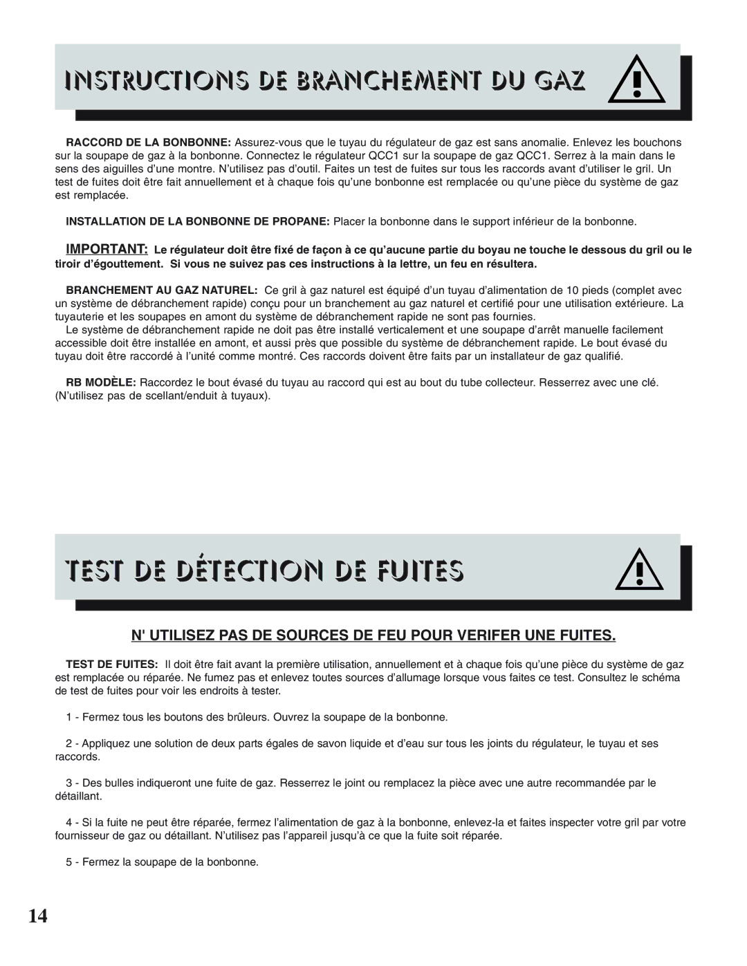 Napoleon Grills PRESTIGE II 308, 450 Test DE Détection DE Fuites, Utilisez PAS DE Sources DE FEU Pour Verifer UNE Fuites 