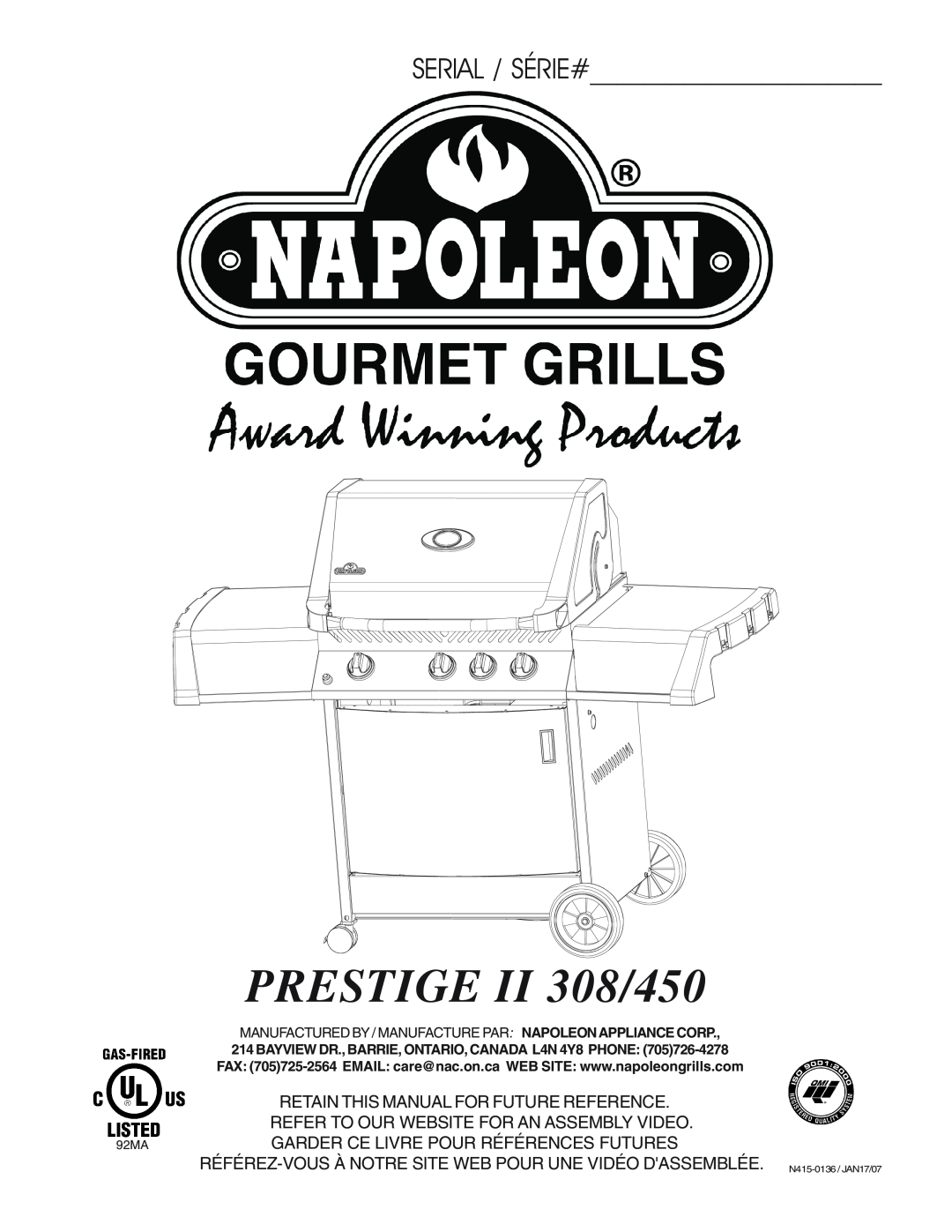 Napoleon Grills manual Serial / Série#, Retain This Manual For Future Reference, PRESTIGE II 308/450 