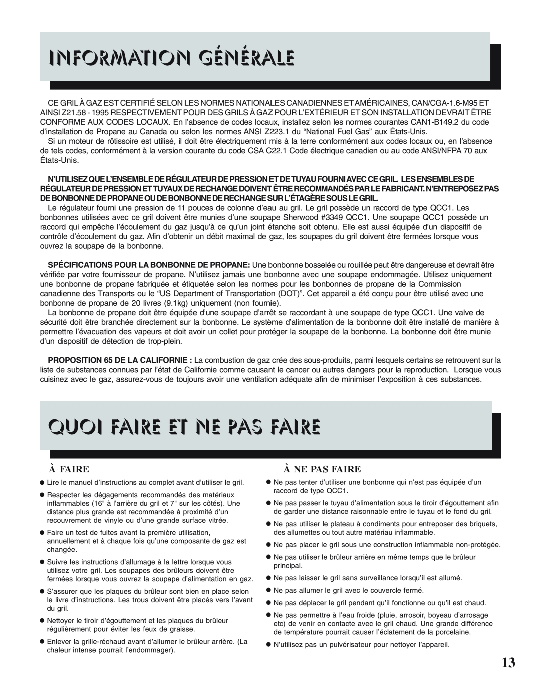 Napoleon Grills 450, PRESTIGE II 308 manual Information Générale, Quoi Faire Et Ne Pas Faire, À Faire, À Ne Pas Faire 