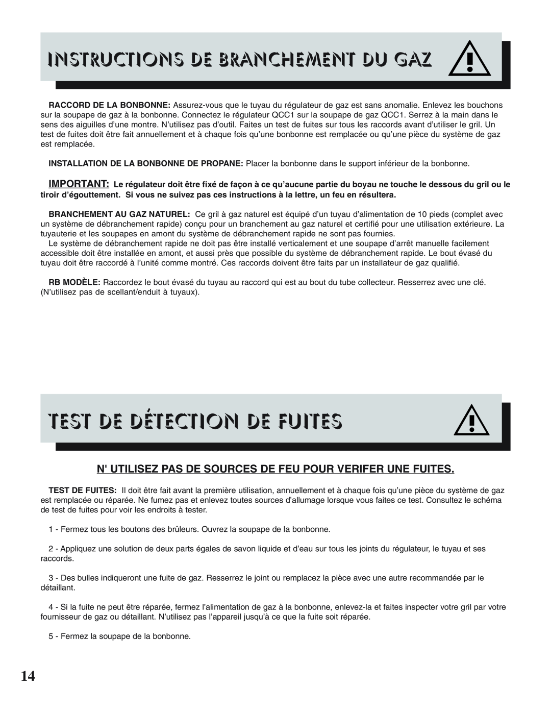 Napoleon Grills PRESTIGE II 308, 450 Test De Détection De Fuites, N Utilisez Pas De Sources De Feu Pour Verifer Une Fuites 