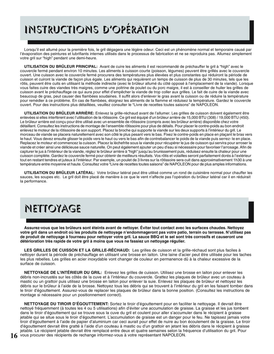Napoleon Grills PRESTIGE II 308, 450 manual Instructions D’Opération, Nettoyage 