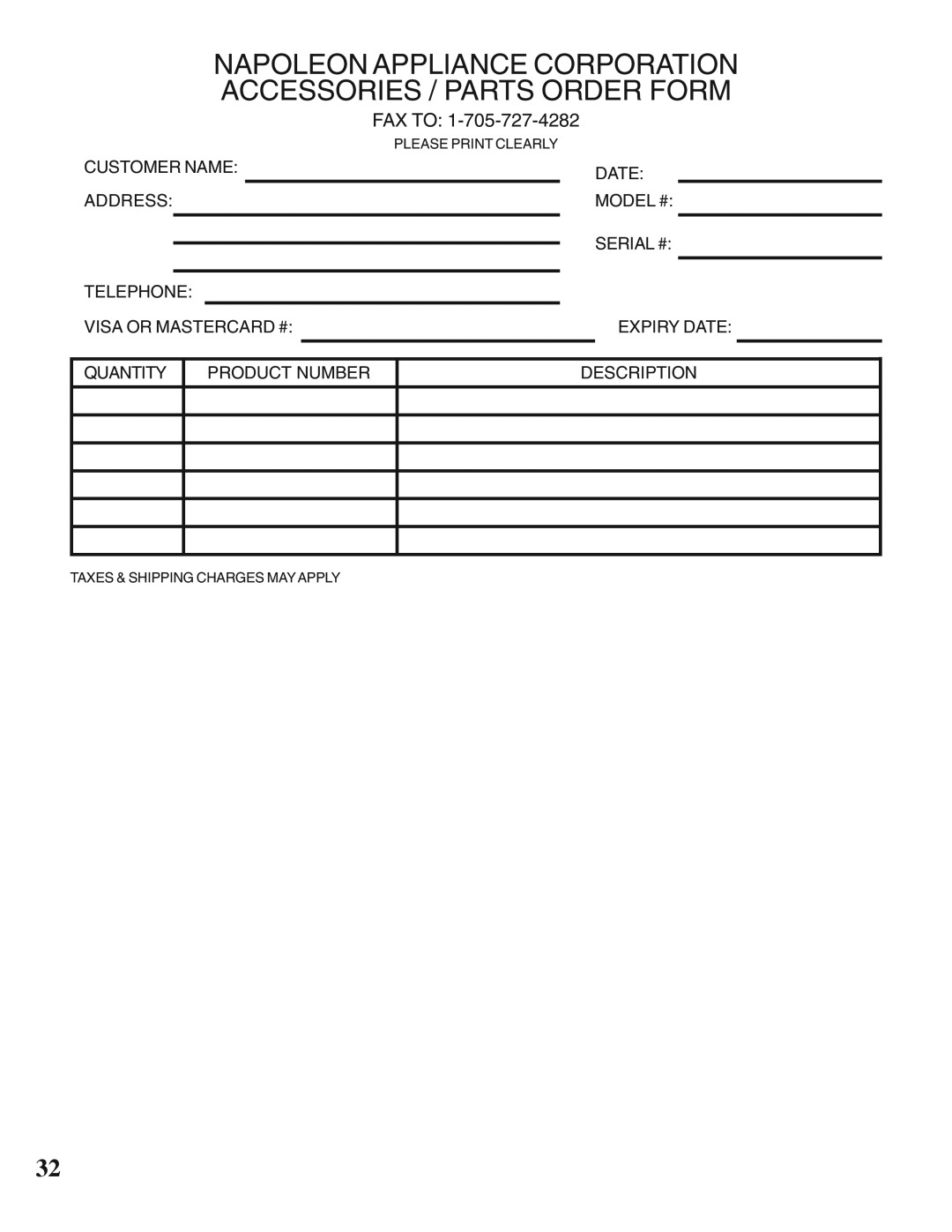 Napoleon Grills PRESTIGE II 308, 450 manual Napoleon Appliance Corporation Accessories / Parts Order Form 