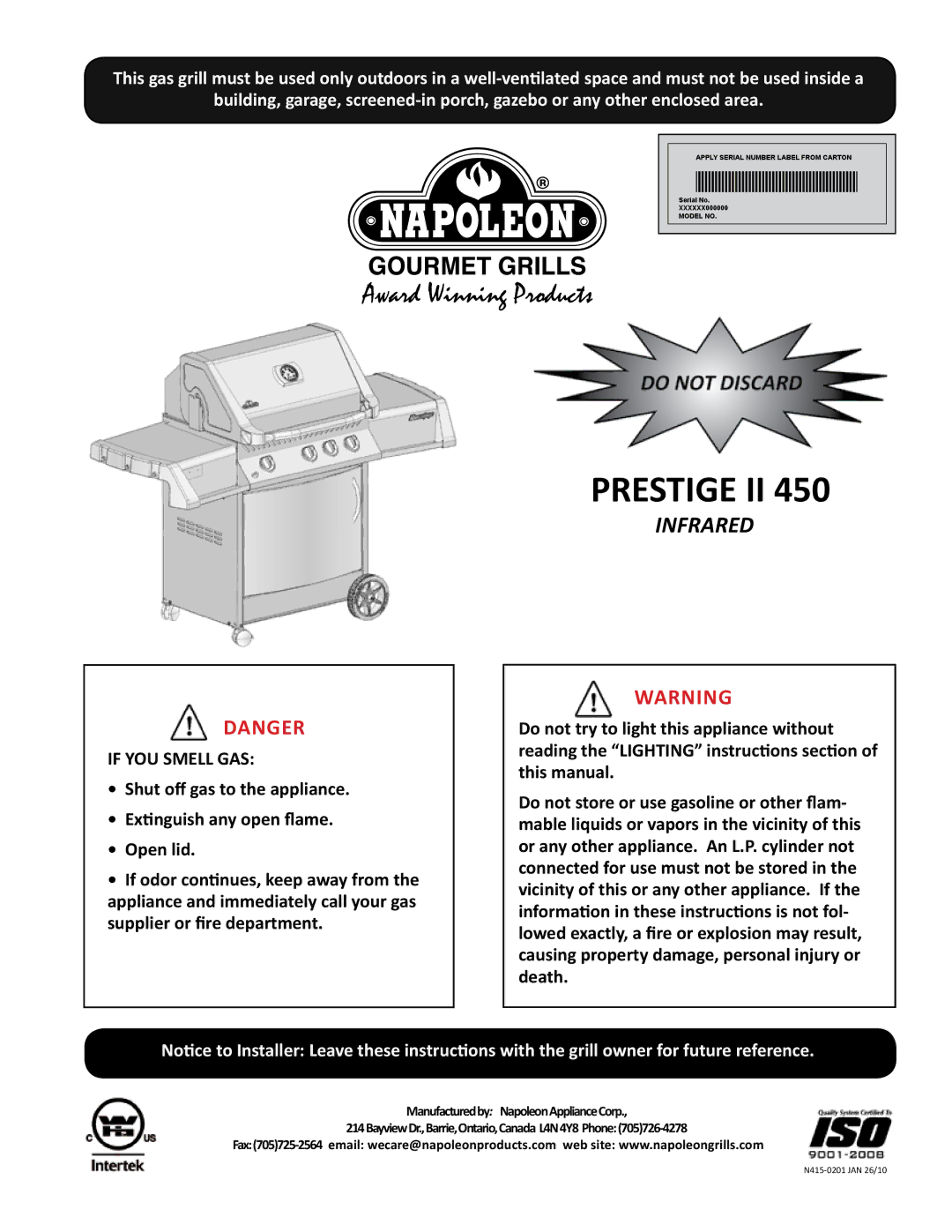 Napoleon Grills N415-0201, PRESTIGE II 450 manual Prestige II 