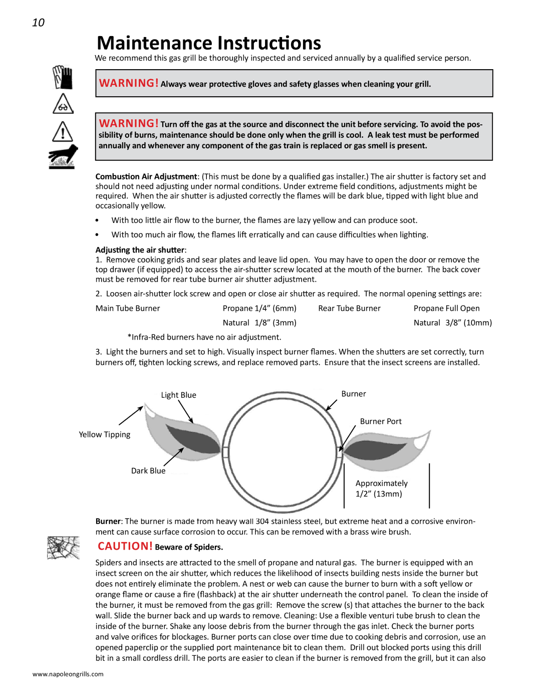 Napoleon Grills PRESTIGE II 450, N415-0201 manual Maintenance Instructions, Adjusting the air shutter 