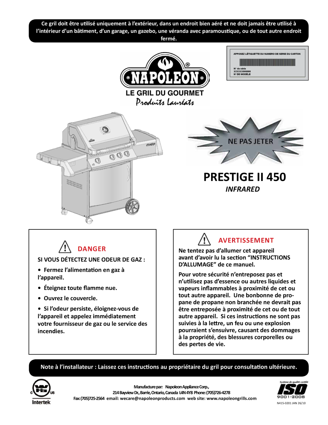 Napoleon Grills N415-0201, PRESTIGE II 450 manual Avertissement 