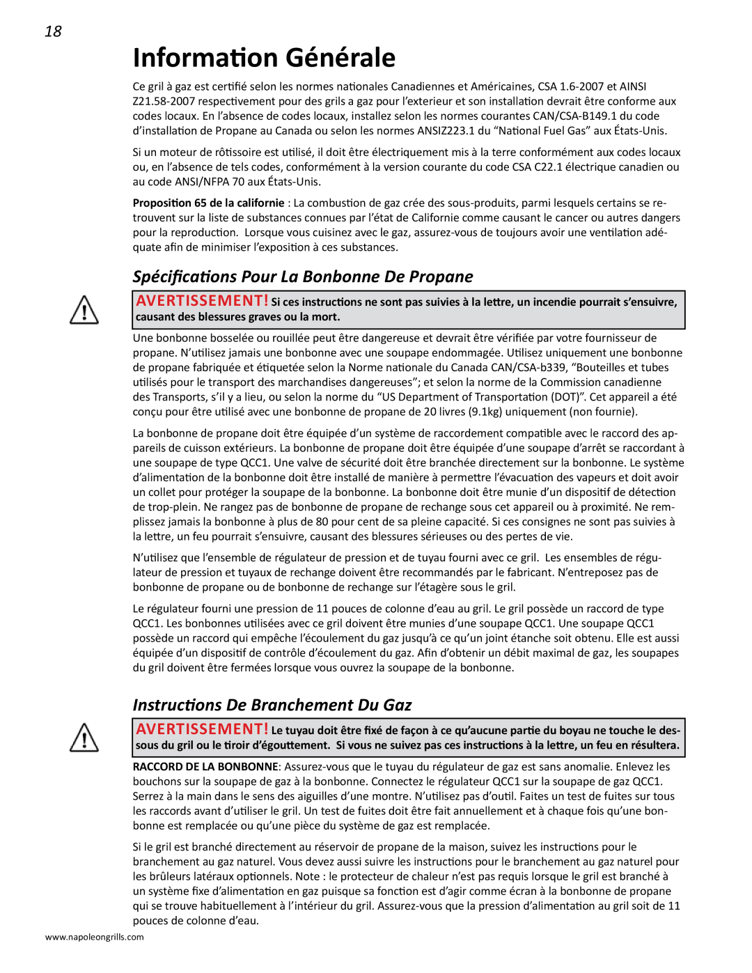 Napoleon Grills PRESTIGE II 450, N415-0201 manual Information Générale, Spécifications Pour La Bonbonne De Propane 