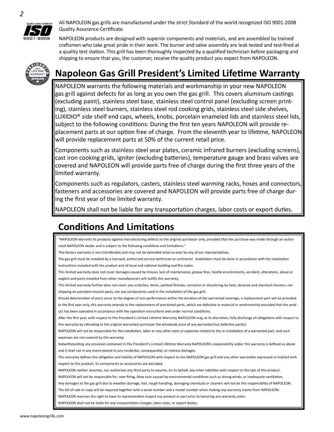 Napoleon Grills PRESTIGE II 450, N415-0201 manual Napoleon Gas Grill President’s Limited Lifetime Warranty 