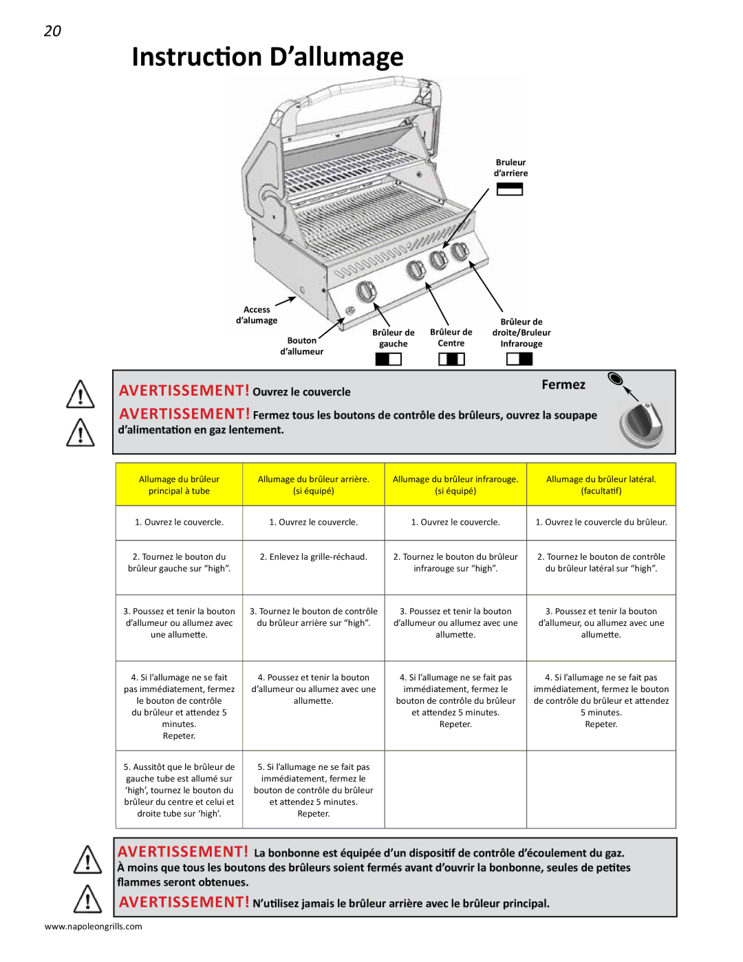 Napoleon Grills PRESTIGE II 450 Instruction D’allumage, AVERTISSEMENT! Ouvrez le couvercle, ’alimentation en gaz lentement 