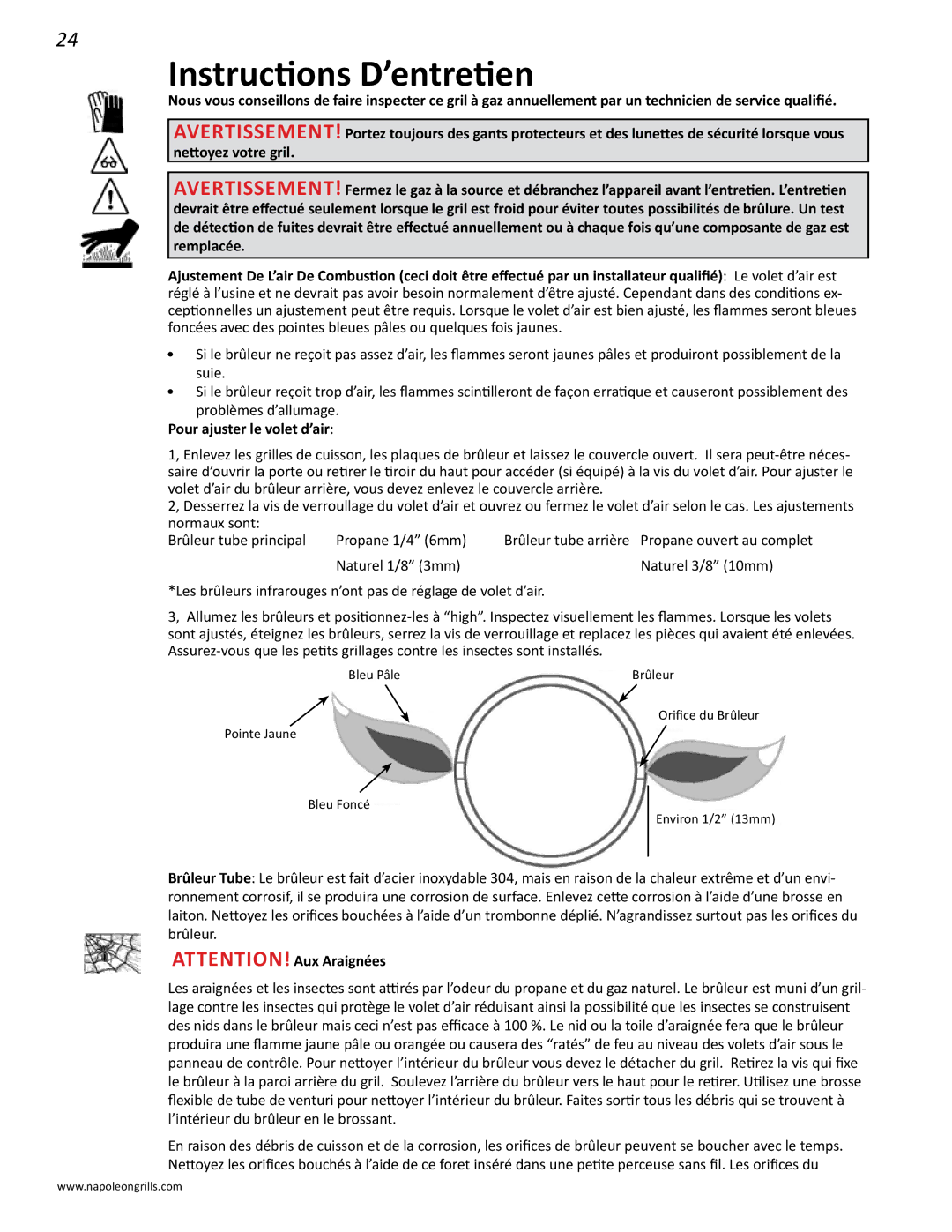 Napoleon Grills PRESTIGE II 450, N415-0201 manual Instructions D’entretien, Pour ajuster le volet d’air 