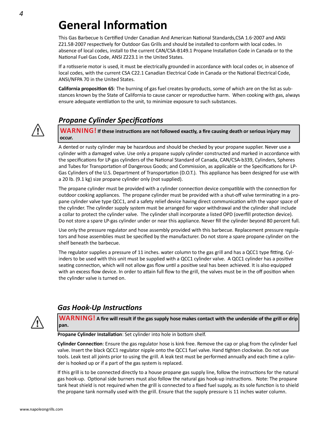 Napoleon Grills PRESTIGE II 450, N415-0201 General Information, Propane Cylinder Specifications, Gas Hook-Up Instructions 