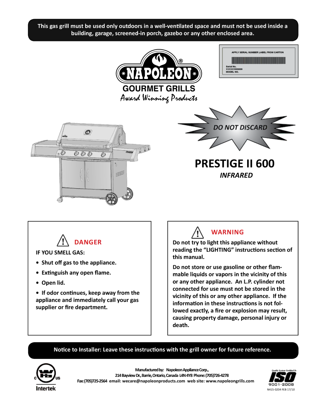 Napoleon Grills PRESTIGE II 600 manual Prestige II 