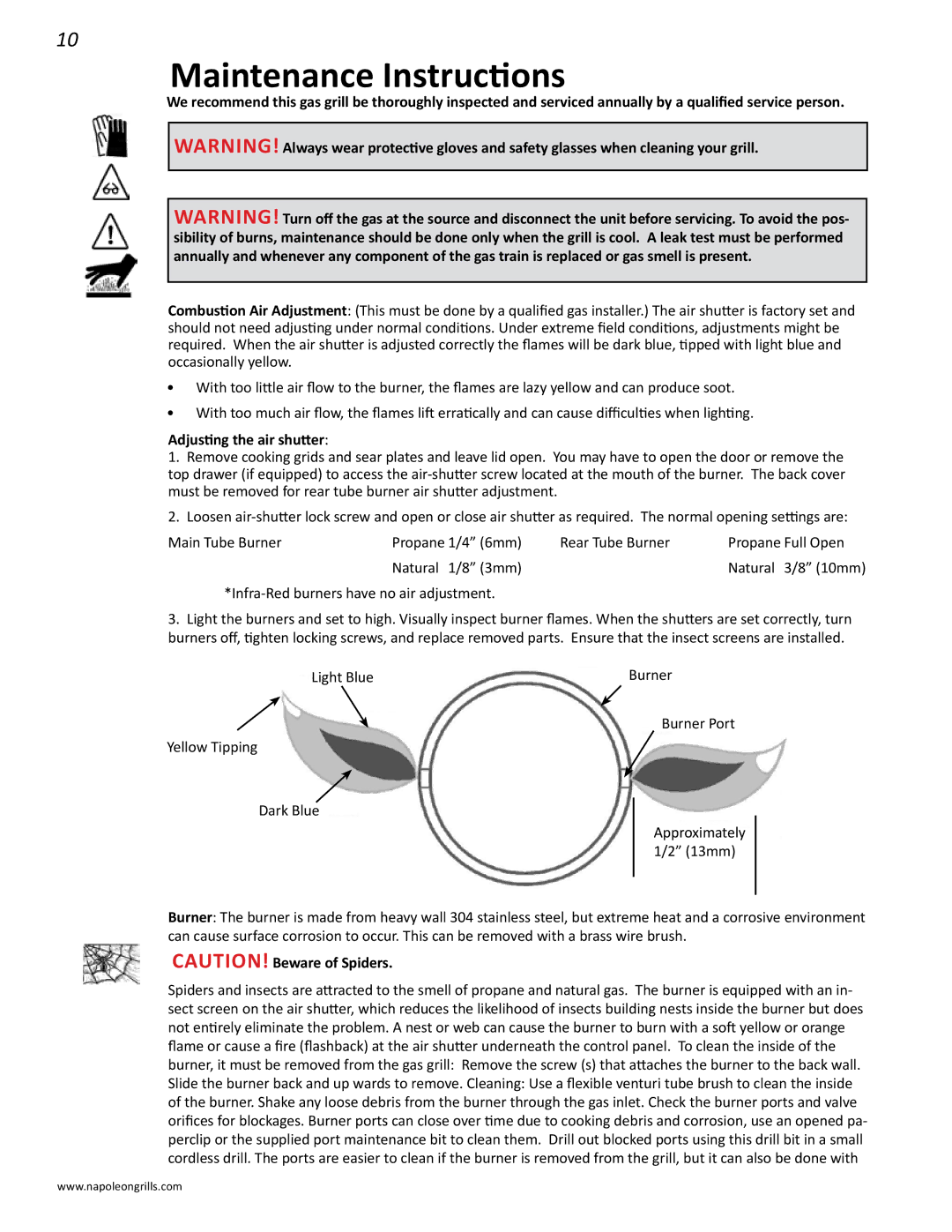 Napoleon Grills PRESTIGE II 600 manual Maintenance Instructions, Adjusting the air shutter 