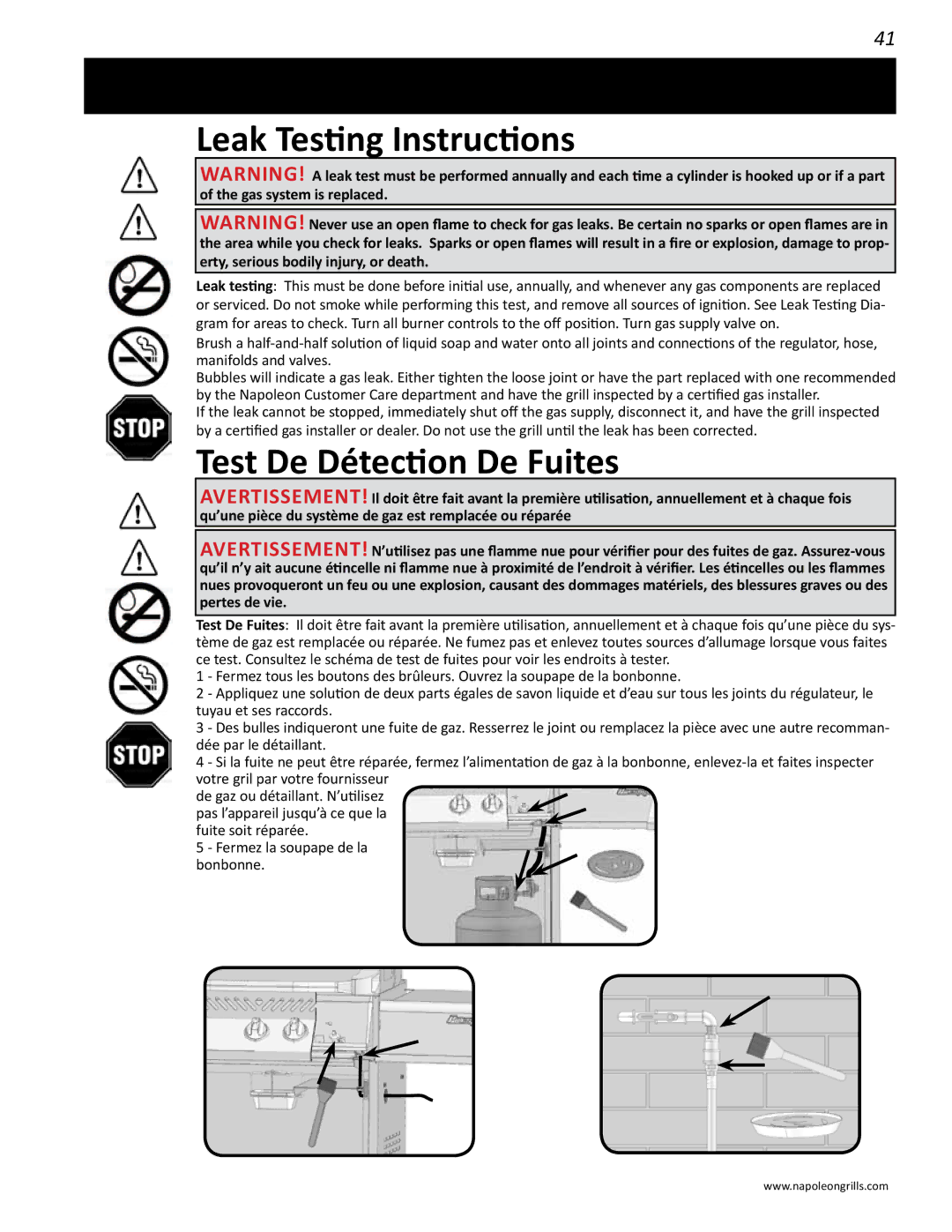 Napoleon Grills PRESTIGE II 600 manual Leak Testing Instructions, Test De Détection De Fuites 