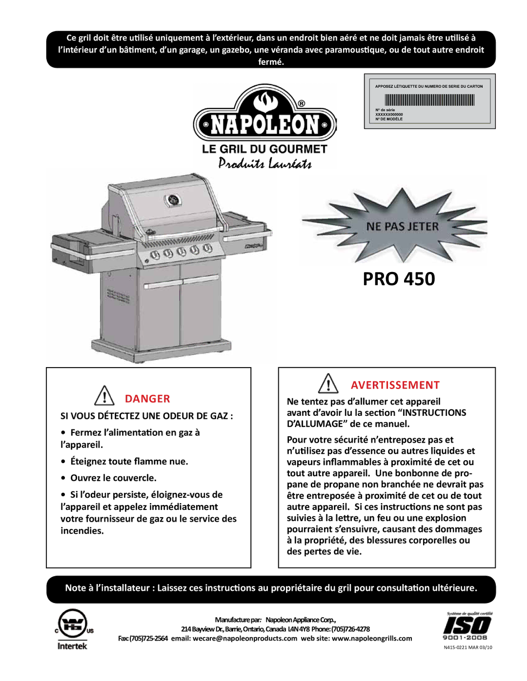 Napoleon Grills PRO 450 manual Avertissement 